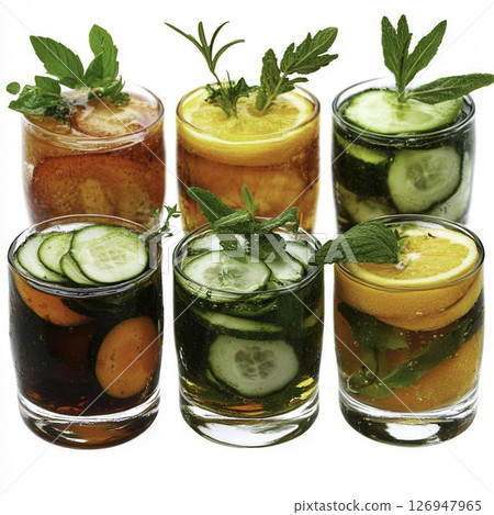 Refreshing and Colorful Fruit and Herb Infused Drinks in Clear Glasses 126947965
