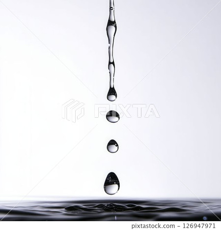 Water Droplet Falling in Isolation with Soft White Background and Smooth Surface Reflection 126947971