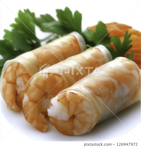 Fresh Shrimp Rolls with Vegetables on a White Plate for Culinary Inspiration 126947972