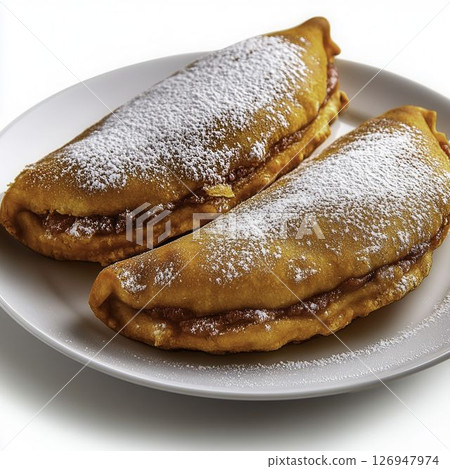 Delicious Sweet Crepes with Powdered Sugar and Berry Filling on White Plate 126947974
