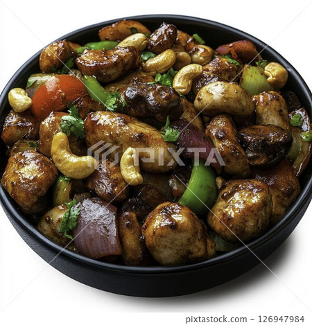Delicious Stir-Fried Chicken with Cashews and Colorful Vegetables in Bowl 126947984