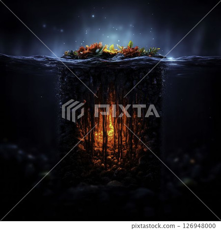 Underwater Scene with Fiery Glow and Vibrant Marine Life in Dark Environment 126948000