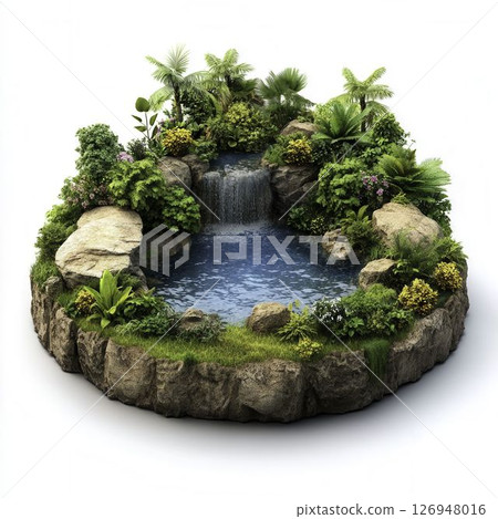 Tranquil Waterfall Oasis Surrounded by Lush Greenery and Vibrant Tropical Plants Tranquil Waterfall Oasis Surrounded by Lush Greenery and Vibrant Tropical Plants 126948016