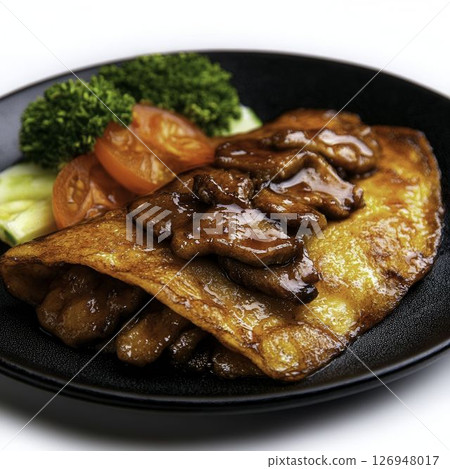 Delicious savory dish featuring chicken in sauce with fresh vegetables on a plate Delicious savory dish featuring chicken in sauce with fresh vegetables on a plate 126948017