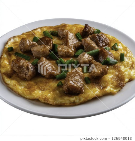 Delicious Egg Omelette with Tender Meat Pieces and Fresh Green Onions Garnish 126948018