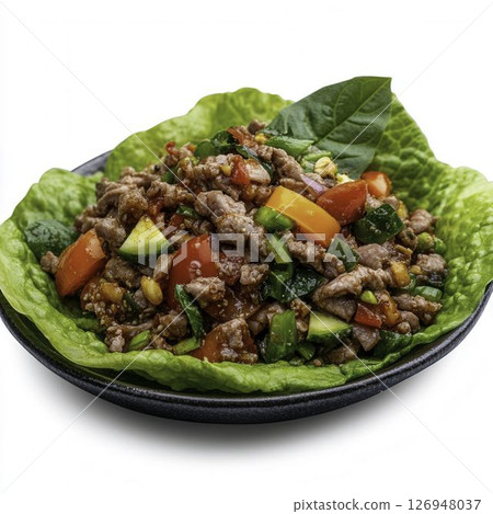 Colorful Beef Stir Fry with Vegetables served on Fresh Lettuce Leaf in Black Bowl 126948037