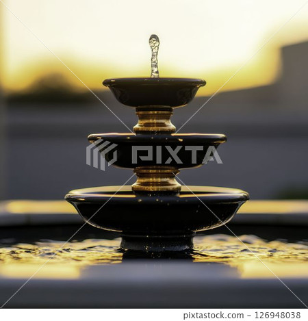 Elegant Three-Tier Fountain with Splashes of Water at Sunset in a Calm Setting 126948038