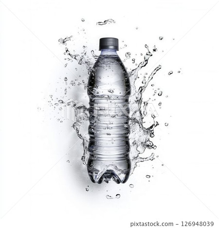 Sparkling Water Bottle with Splash on White Background for Product Photography 126948039