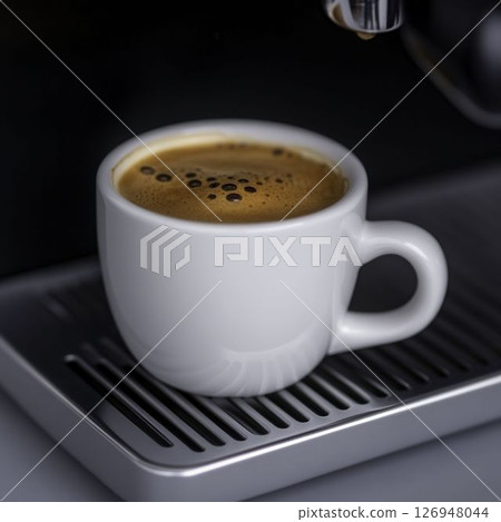 Freshly Brewed Coffee Close-Up in White Cup with Rich Foam and Dark Espresso 126948044