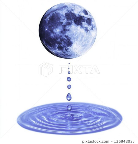 Glowing Blue Moon Reflecting on Water Surface with Drops Falling Below 126948053