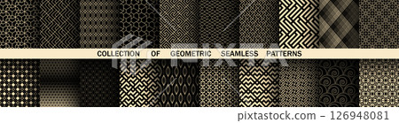 Geometric set of seamless black and golden patterns. Simple vector graphics 126948081