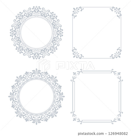 Set of decorative frames Elegant vector element for design in Eastern style, place for text. Floral gray and white borders. Lace illustration for invitations and greeting cards 126948082