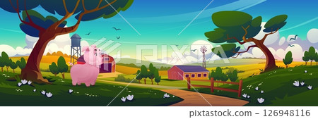 Cartoon pig on farm landscape Cartoon pig on farm landscape 126948116
