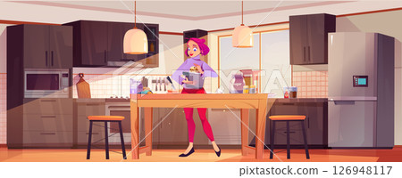 Cartoon woman cooking in modern kitchen 126948117
