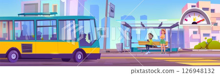 Bus stop scene with waiting passengers 126948132