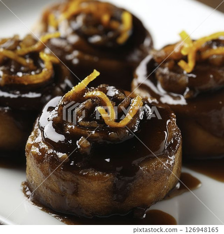 Delicious Cinnamon Rolls with Sweet Glaze and Citrus Zest Topping on a White Plate 126948165