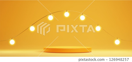 Bulbs illuminating podium on yellow background Bulbs illuminating podium on yellow background 126948257