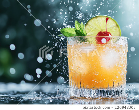 Refreshing cocktail with cherry and lime in a glass with ice 126948305