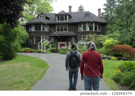 Approaching a stately stone house nestled amidst lush foliage 126948374