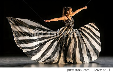 Elegant Dancer in Striped Gown Performing Gracefully on Stage with Passion Elegant Dancer in Striped Gown Performing Gracefully on Stage with Passion 126948421