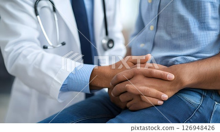 Doctor offers support and reassurance to patient during medical consultation 126948426