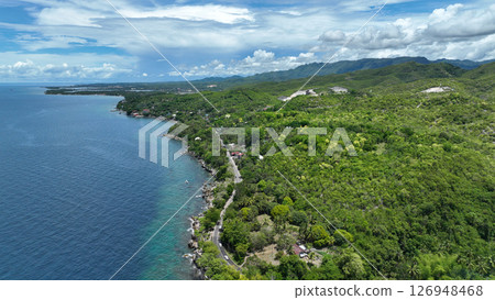 Coast beach drone Philippines Cebu aerial sea Kalubian view beautiful rock pov, tourist place for recreation island and travel inshore waves, people clean water, blue sky love beauty of life, rocky 126948468