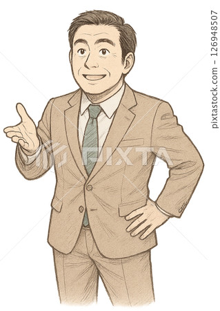 A male character in a suit holding out his hand to explain, an illustration of a businessman making a proposal with a smile, a bright expression 126948507