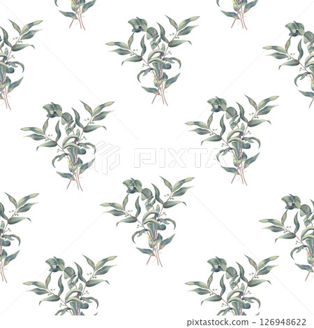 Eucalyptus seamless pattern, bouquets of branches with leaves, flowers and shoots, watercolor on white background. Botanical pattern with twigs hand drawn for print on packaging, and textile 126948622