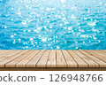 Empty wooden table top with blue sea summe background, used for display or montage your products. 126948766