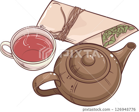 Cup of Tea and Teapot Colored Detailed Illustration. Cup of Tea and Teapot Colored Detailed Illustration. 126948776