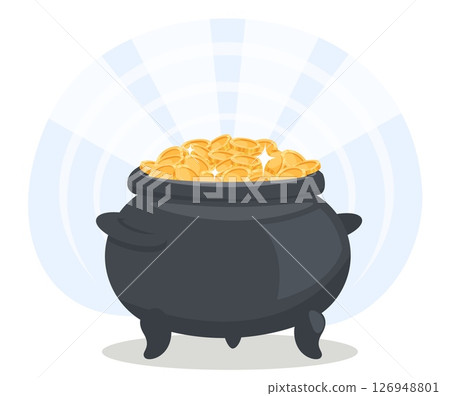 Black iron pot with gold coins. Leprechaun treasure. Irish elf money cauldron. Financial success. Fortune and luck. Shiny golden cash. Ireland fantasy myth. Magic wealth. Vector concept Black iron pot with gold coins. Leprechaun treasure. Irish elf money cauldron. Financial success. Fortune and luck. Shiny golden cash. Ireland fantasy myth. Magic wealth. Vector concept 126948801