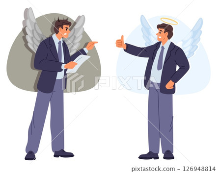 Good and bad boss. Angelic or diabolical behavior of office worker. Businessman with angel and devil wings. Entrepreneur supports employee. Angry man blaming and shouting. Vector concept 126948814