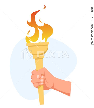 Hand holds burning torch symbol of athletic competition. Olympic games. Championship victory torchlight. Sport tournament. Flambeau combustion. Arm with blazing flame. Vector concept 126948815