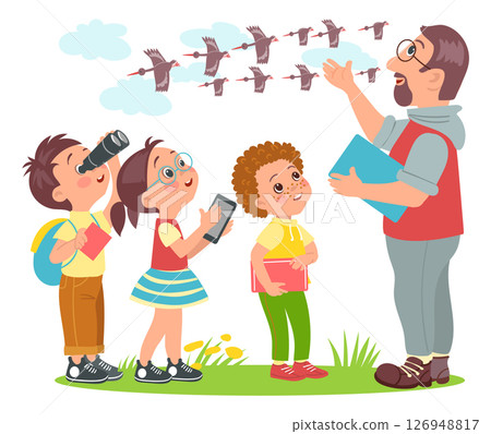 Kids learn nature. Young naturalists group discover world with teachers. Practical outdoor activities. Mentors and students. People studying animals. Scouts education. Splendid vector set Kids learn nature. Young naturalists group discover world with teachers. Practical outdoor activities. Mentors and students. People studying animals. Scouts education. Splendid vector set 126948817