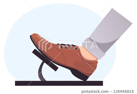 Man foot in shoe pressing brake pedal of car. Automobile driving. Vehicle traffic control. Stop clutch. Speed accelerator push with leg. Transport lever. Male driver boot. Vector concept Man foot in shoe pressing brake pedal of car. Automobile driving. Vehicle traffic control. Stop clutch. Speed accelerator push with leg. Transport lever. Male driver boot. Vector concept 126948828