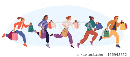 Men and women with bags running to shopping. Customers carrying packets from store. Rush and hurry people. Shop discount. Buyers make purchases. Shopaholic persons group. Vector concept 126948832