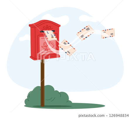 Open mailbox with envelopes of letters flying out. Postage box. Correspondence delivery. Send and receive paper mails. Outdoor letterbox. Post messages communication. Vector concept Open mailbox with envelopes of letters flying out. Postage box. Correspondence delivery. Send and receive paper mails. Outdoor letterbox. Post messages communication. Vector concept 126948834