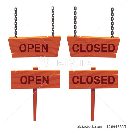 Open or close sign on wooden signboard. Timber board hanging on chain. Signage pointer with inscriptions. Countryside banner. Store information lettering. Vector plank billboards set Open or close sign on wooden signboard. Timber board hanging on chain. Signage pointer with inscriptions. Countryside banner. Store information lettering. Vector plank billboards set 126948835