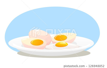Plate with boiled and fried eggs whole or split into two halves. Cooked yolk cutting. Natural protein. Healthy morning meal. Diet organic food. Prepared chicken product. Vector concept 126948852