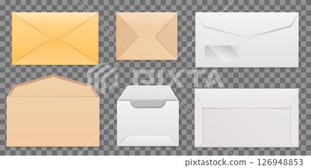Postal envelopes in different colors or shapes. Open and closed letter. Empty post wrap on transparent background. Realistic postage package. Correspondence delivery. Vector 3D mails set Postal envelopes in different colors or shapes. Open and closed letter. Empty post wrap on transparent background. Realistic postage package. Correspondence delivery. Vector 3D mails set 126948853
