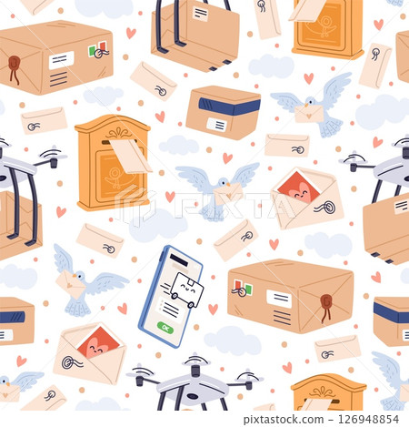 Postal seamless pattern. Parcels and letters. Postcard sending. Mobile phone app. Repeated print. Post correspondence in mailboxes. Delivery drones and carrier pigeons. Vector background 126948854