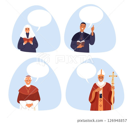Priests and ministers of church with empty speech bubbles. Christianity sermon. Religious speakers. Christian worship. Bishop speaking. Communication with prayers. Vector clergymen set Priests and ministers of church with empty speech bubbles. Christianity sermon. Religious speakers. Christian worship. Bishop speaking. Communication with prayers. Vector clergymen set 126948857
