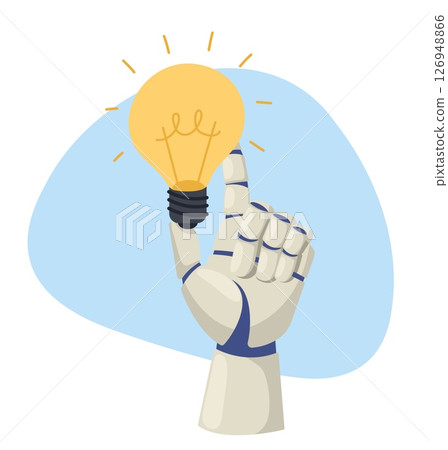 Robot hand holds light bulb. Artificial intelligence comes with idea. AI technology. Searching innovation solution. Robotic arm with glowing lightbulb. Android brainstorm. Vector concept 126948866