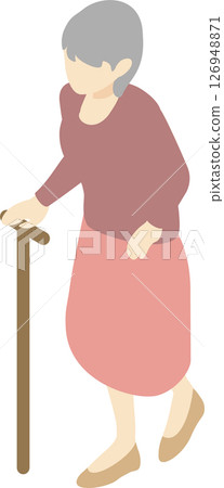 等距人、女人、高級、老人、散步、拐杖、福利、護理、簡單、鳥瞰圖、插畫素材 126948871