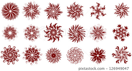 Illustration of several sets of magenta red mandala pattern shapes. Perfect for tattoos, stickers, banners, clothes, hats, websites 126949047