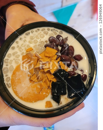 Close-Up of a Taiwanese Dessert Bowl with Tapioca Pearls and Red Beans Close-Up of a Taiwanese Dessert Bowl with Tapioca Pearls and Red Beans 126949064