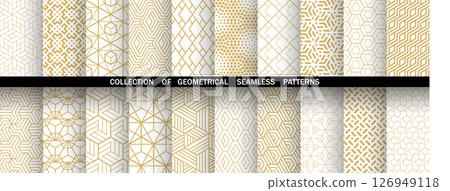 Geometric set of seamless golden and white patterns. Simple vector graphics Geometric set of seamless golden and white patterns. Simple vector graphics 126949118
