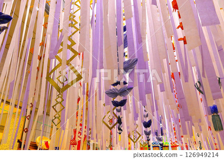 Refreshing streamers at the Sendai Tanabata Festival Refreshing streamers at the Sendai Tanabata Festival 126949214