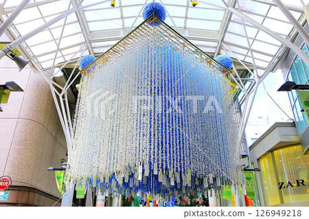 Tanabata decorations of a thousand paper cranes made by school children with a wish for peace 126949218