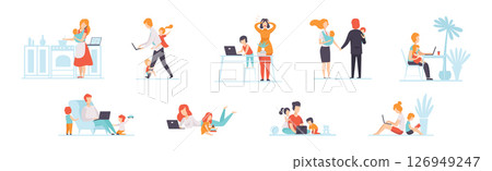 Parents Working with Their Children While Their Playing Next to Them Vector Set 126949247